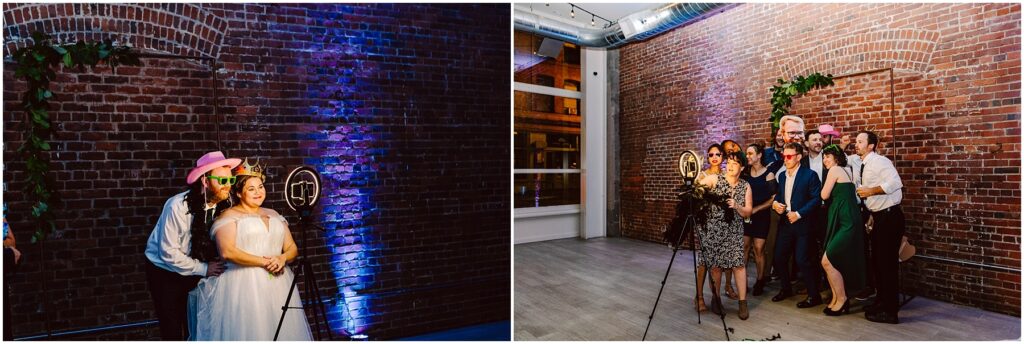 Snohomish Wedding Photographer GSquared Weddings Two side-by-side photos of people posing with a photo booth camera in a brick-walled room. On the left, a couple stands under a greenery arch; on the right, a group poses together, smiling. Both scenes feature colorful lighting. Serving Seattle, Snohomish and Orlando
