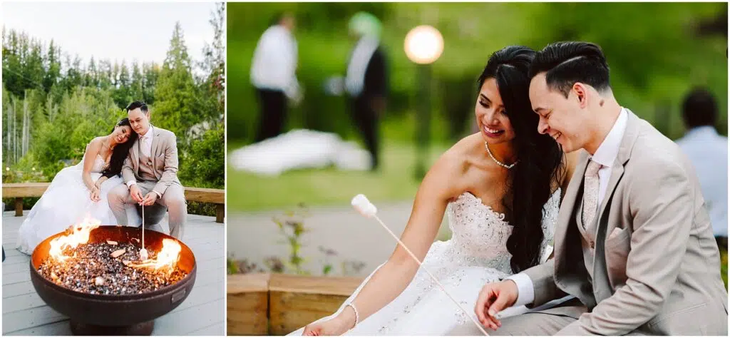 Snohomish Wedding Photographer GSquared Weddings A bride and groom in formal attire sit by a fire pit outdoors. The bride leans on the grooms shoulder in the left image, and they both smile while roasting marshmallows in the right image. The background is a lush green garden. Serving Seattle, Snohomish and Orlando
