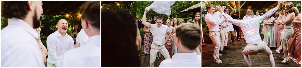 Snohomish Wedding Photographer GSquared Weddings Three images show people dancing joyfully at an outdoor event. A person in white is enthusiastically dancing, raising a cloth in the air, surrounded by smiling guests. The setting has greenery and festive lights. Serving Seattle, Snohomish and Orlando