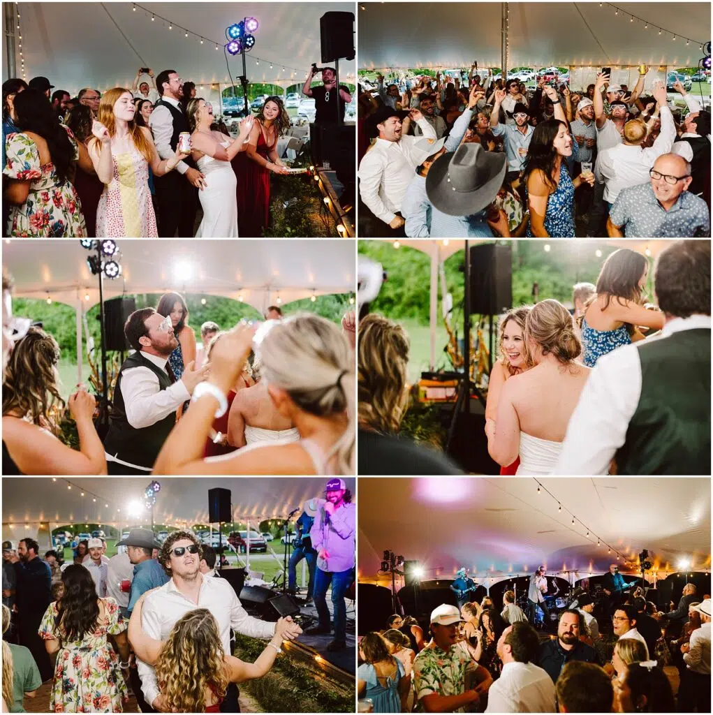 Snohomish Wedding Photographer GSquared Weddings A lively wedding celebration under a tent with guests dancing, smiling, and enjoying live music. The scene is festive, with string lights and a band performing. The crowd includes people of various ages in casual and semi-formal attire. Serving Seattle, Snohomish and Orlando