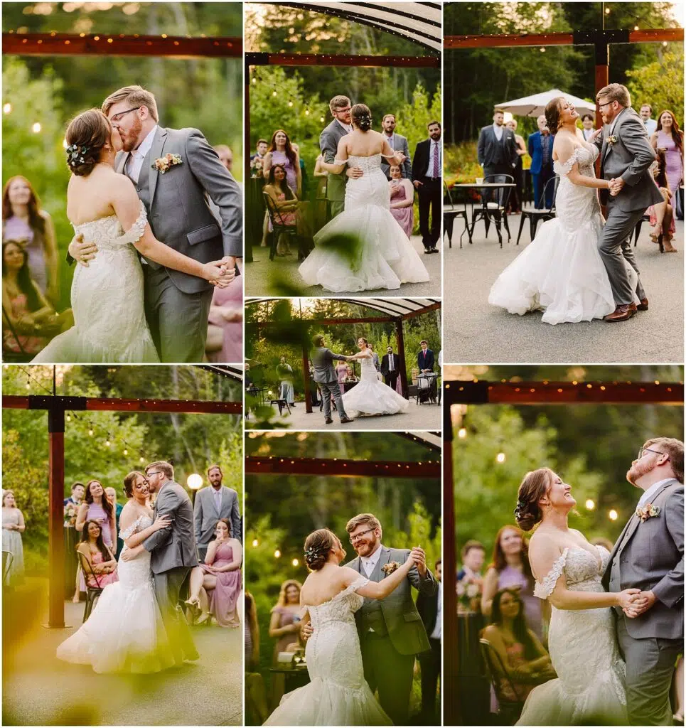 Snohomish Wedding Photographer GSquared Weddings A bride and groom share their first dance outdoors. The bride wears an off-the-shoulder gown, and the groom is in a gray suit. They are surrounded by guests and string lights, with trees in the background. Various joyful moments are captured in the collage. Serving Seattle, Snohomish and Orlando