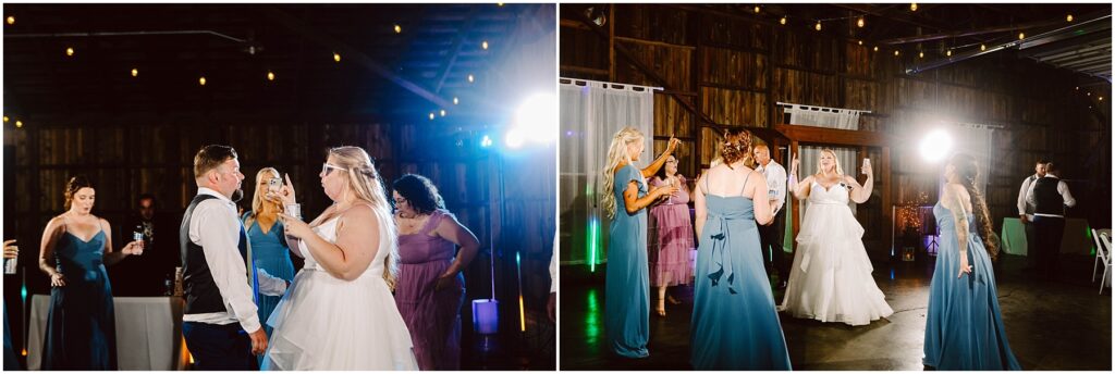 Snohomish Wedding Photographer GSquared Weddings A wedding reception with guests dancing. The image is split into two sections: on the left, a bride and groom dance with guests, and on the right, a bride and bridesmaids in blue dresses enjoy the dance floor under warm lights in a rustic venue. Serving Seattle, Snohomish and Orlando