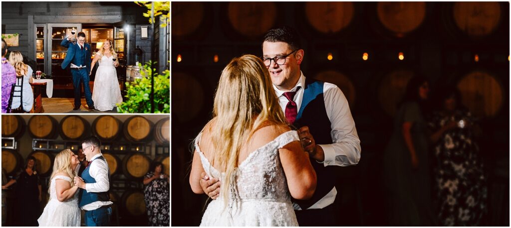 Snohomish Wedding Photographer GSquared Weddings A couple dances at a wedding reception held in a winery. They are surrounded by wooden barrels, and guests are in the background. The bride wears a white dress, and the groom is in a blue vest and tie. Another image shows them entering the venue. Serving Seattle, Snohomish and Orlando