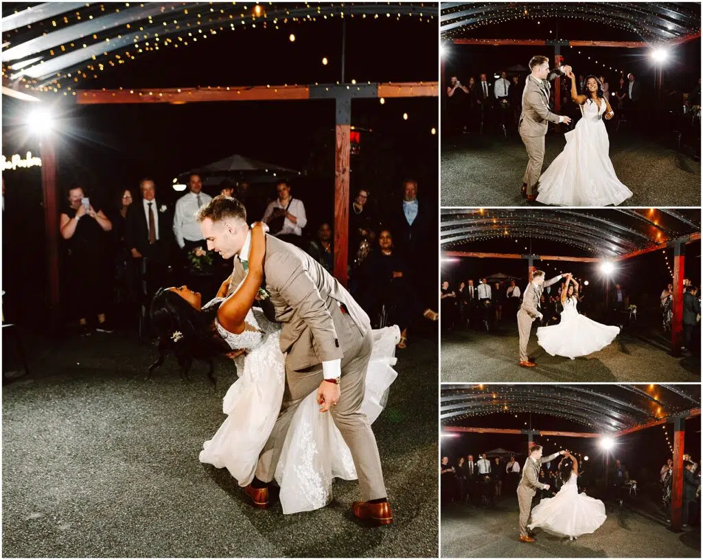 Snohomish Wedding Photographer GSquared Weddings A newlywed couple dances under string lights at their wedding. The groom, in a beige suit, dips the bride, who wears a flowing white gown. Guests watch and capture the moment on their phones. The dance floor is illuminated with warm, festive lights. Serving Seattle, Snohomish and Orlando