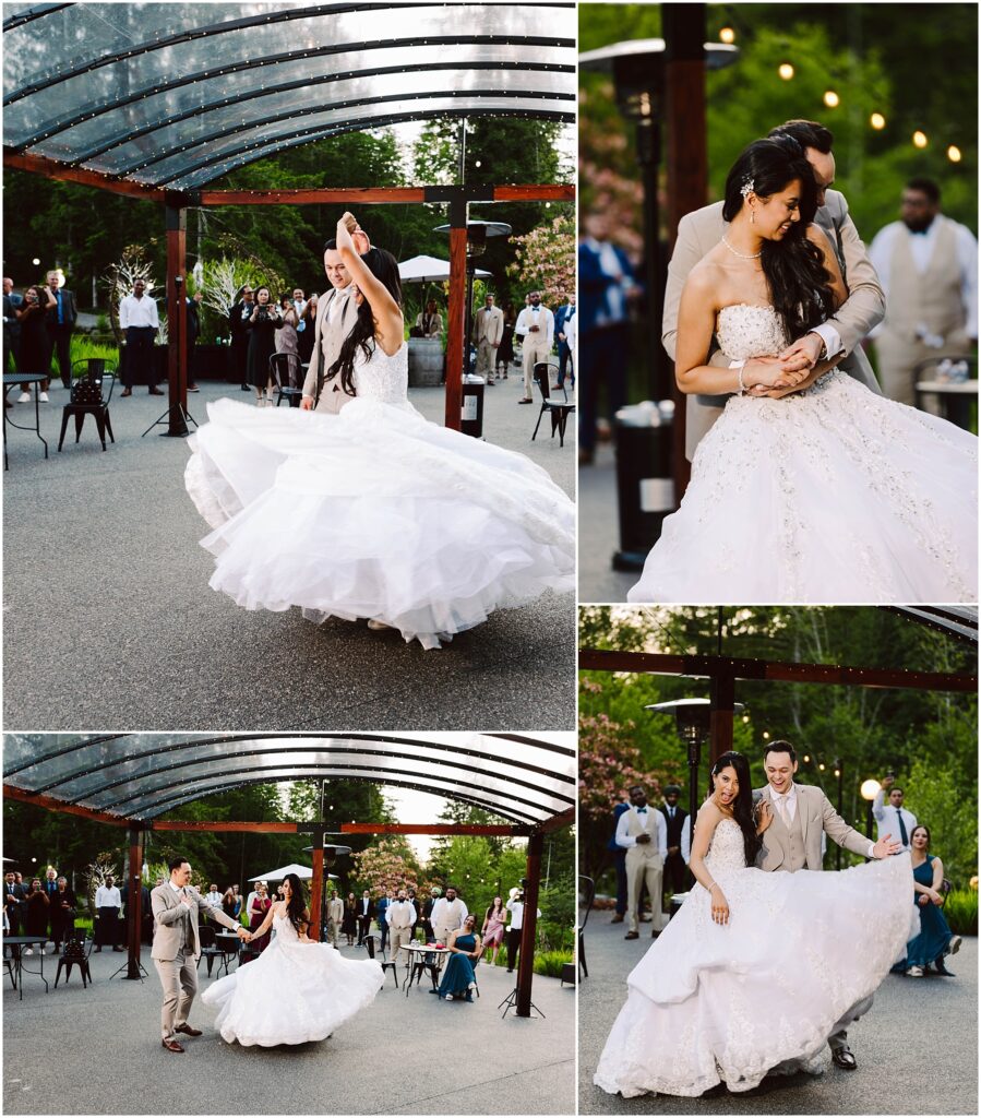 Snohomish Wedding Photographer GSquared Weddings A bride and groom dance joyfully at an outdoor wedding. The bride spins, her dress billowing out, and the groom holds her close. Guests watch in the background under a transparent canopy. Lush greenery surrounds the festive scene. Serving Seattle, Snohomish and Orlando