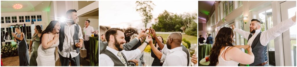 Snohomish Wedding Photographer GSquared Weddings A joyful wedding celebration with guests dancing and raising their glasses. The bride and groom are smiling and embracing, surrounded by friends and family in a bright reception hall with large windows. Serving Seattle, Snohomish and Orlando
