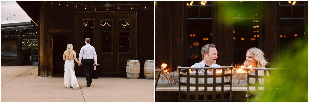 Snohomish Wedding Photographer GSquared Weddings A couple in wedding attire walks toward a wooden building with string lights. On the right, they sit by an outdoor fire pit, smiling at each other. Two wine barrels are visible near the entrance. Serving Seattle, Snohomish and Orlando