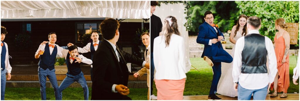 Snohomish Wedding Photographer GSquared Weddings A wedding scene with guests dancing and celebrating. On the left, a groom and groomsmen in suits and vests are dancing indoors. On the right, the groom and bride are outdoors, laughing as guests dance around them. Serving Seattle, Snohomish and Orlando