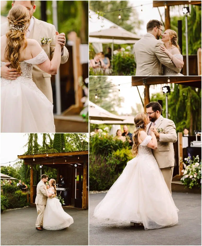 Snohomish Wedding Photographer GSquared Weddings A bride and groom share a dance outdoors under a canopy of string lights. The bride wears a white gown and the groom a beige suit. They are surrounded by greenery and flowers, creating a romantic and intimate atmosphere. Serving Seattle, Snohomish and Orlando