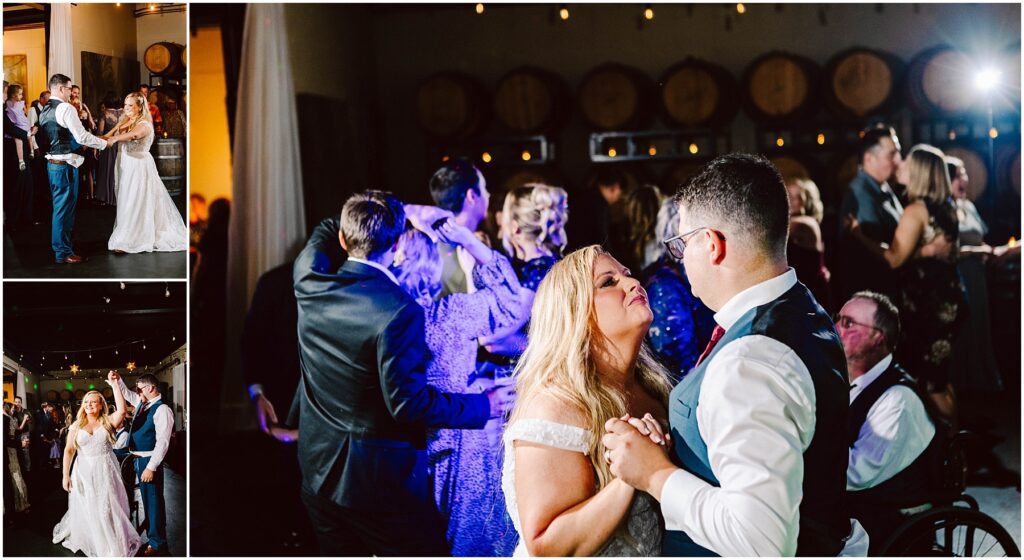 Snohomish Wedding Photographer GSquared Weddings A bride and groom share a dance at their wedding reception. The couple dances closely, surrounded by guests, with a backdrop of wine barrels under soft lighting. Other guests joyfully dance together in the background. Serving Seattle, Snohomish and Orlando