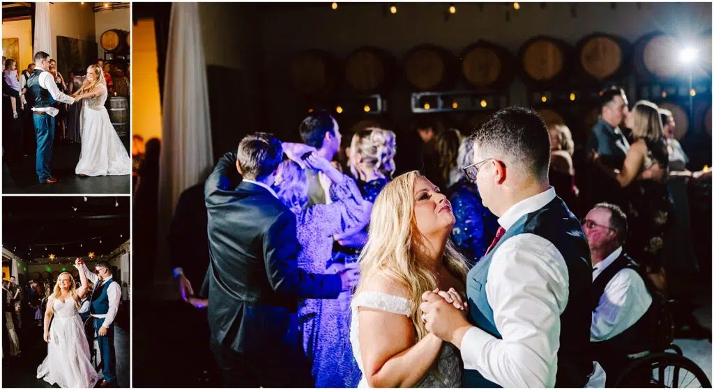 Snohomish Wedding Photographer GSquared Weddings A bride and groom share a dance at their wedding reception. The couple dances closely, surrounded by guests, with a backdrop of wine barrels under soft lighting. Other guests joyfully dance together in the background. Serving Seattle, Snohomish and Orlando