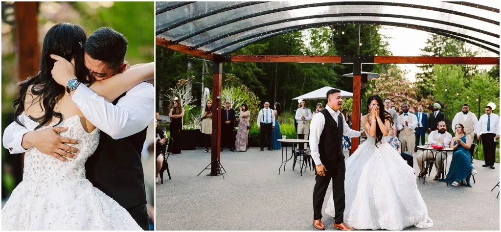 Snohomish Wedding Photographer GSquared Weddings A bride and groom hold each other closely on the left, while on the right they share a joyful dance under a glass canopy. Guests in formal attire watch in the background at an outdoor venue surrounded by greenery. Serving Seattle, Snohomish and Orlando