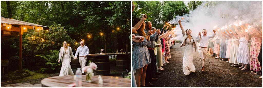 Snohomish Wedding Photographer GSquared Weddings A couple in wedding attire walks through a wooded outdoor venue. On the left, they stroll by a wooden sign with warm lights. On the right, guests hold sparklers, creating a festive, celebratory atmosphere. Serving Seattle, Snohomish and Orlando