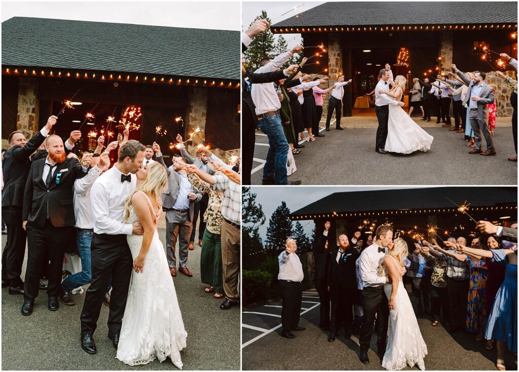 Snohomish Wedding Photographer GSquared Weddings A bride and groom share their first dance outside a building, surrounded by guests holding sparklers. The couple is dressed in wedding attire. The scene is captured in three different angles with a warm, festive atmosphere. Serving Seattle, Snohomish and Orlando