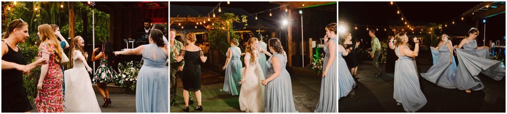Snohomish Wedding Photographer GSquared Weddings A group of people in formal attire are dancing at an outdoor event during the evening. String lights illuminate the scene. Women in dresses and men in suits are enjoying the party on a spacious dance floor surrounded by greenery. Serving Seattle, Snohomish and Orlando