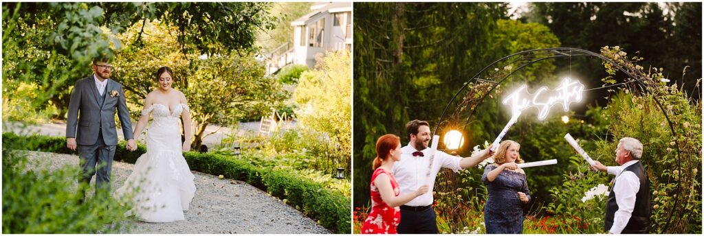 Snohomish Wedding Photographer GSquared Weddings Left image: A couple in wedding attire walks hand in hand on a gravel path surrounded by greenery. Right image: Four people, including a woman holding flowers, celebrate with light wands under a decorative arch in a garden. Serving Seattle, Snohomish and Orlando