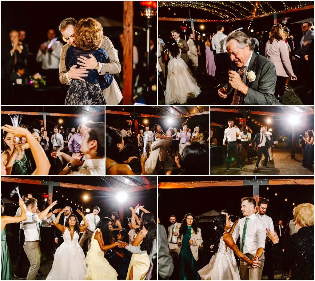 Snohomish Wedding Photographer GSquared Weddings A collage of wedding reception photos. Guests are dancing joyfully under string lights. Theres a mix of lively group dances and intimate moments, with one man delivering a speech. The atmosphere is vibrant and celebratory. Serving Seattle, Snohomish and Orlando