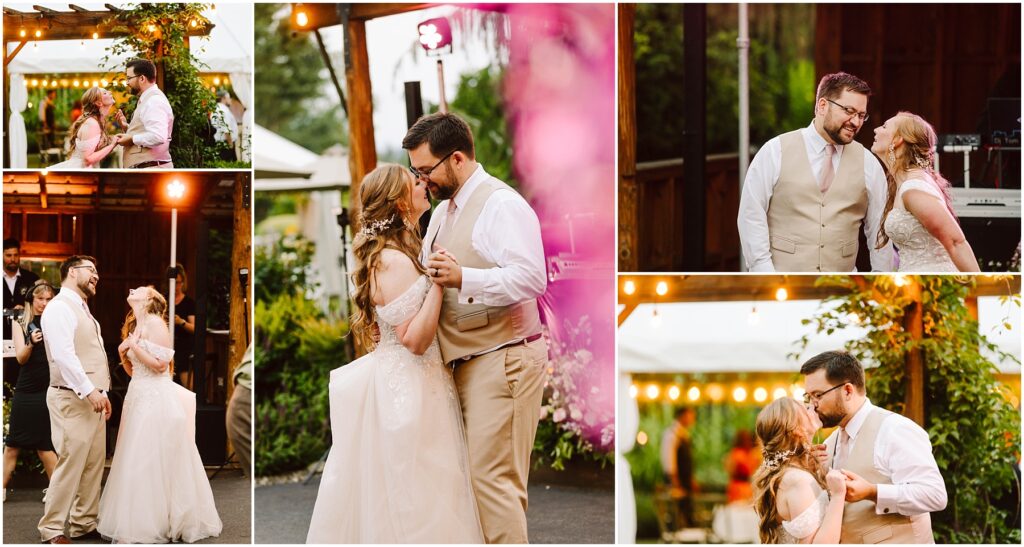 Snohomish Wedding Photographer GSquared Weddings A couple enjoys their wedding day, dancing closely in an outdoor setting. They are smiling and exchanging loving glances. The bride wears a lace gown, the groom a vest and tie. Festive lights and greenery surround them in a warm and joyful atmosphere. Serving Seattle, Snohomish and Orlando