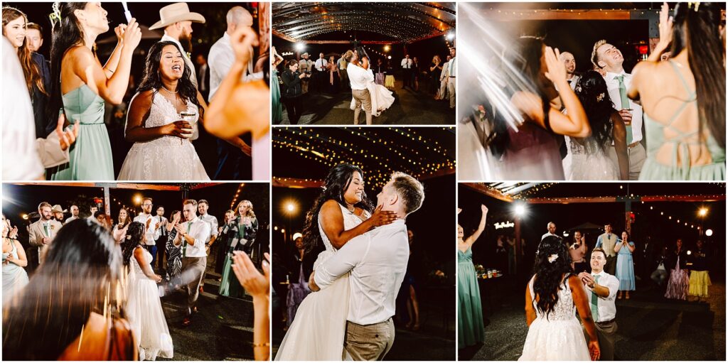 Snohomish Wedding Photographer GSquared Weddings A lively wedding reception with a couple dancing joyfully under string lights. Guests in dresses and suits surround them, some clapping and smiling. The couple shares a happy moment, with the bride wearing a white gown and the groom in a suit. Serving Seattle, Snohomish and Orlando