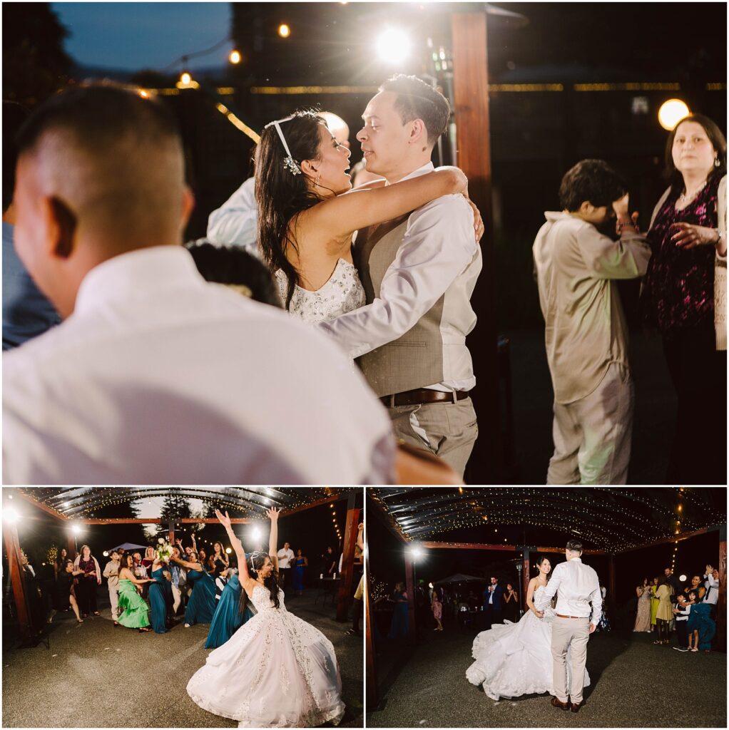 Snohomish Wedding Photographer GSquared Weddings A bride and groom dance closely in an outdoor evening setting with string lights and guests. The bride raises her arms with joy in another scene, and guests, including a child, are visible in the background. Serving Seattle, Snohomish and Orlando