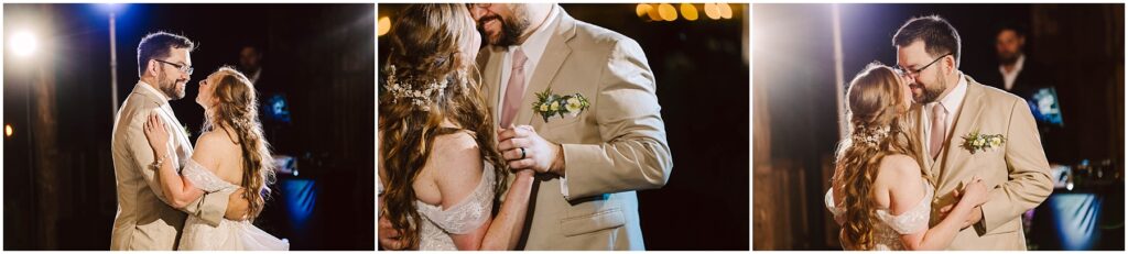 Snohomish Wedding Photographer GSquared Weddings A couple is dancing closely at what appears to be their wedding. The groom is wearing a tan suit with a boutonniere, and the bride is in a white dress. They are shown in three images, sharing intimate moments on the dance floor. Serving Seattle, Snohomish and Orlando