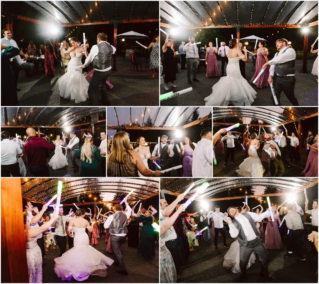 Snohomish Wedding Photographer GSquared Weddings A lively wedding reception dance floor under string lights. The bride, groom, and guests are joyfully dancing, some holding glowing sticks, capturing a vibrant and celebratory atmosphere. Serving Seattle, Snohomish and Orlando