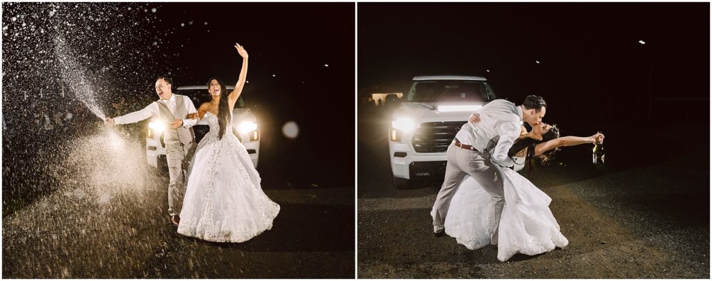 Snohomish Wedding Photographer GSquared Weddings A newlywed couple celebrates at night. On the left, they stand in front of a white truck, joyous as water sprays around them. On the right, the groom dips the bride, both smiling, holding flowers, with the truck in the background. Serving Seattle, Snohomish and Orlando
