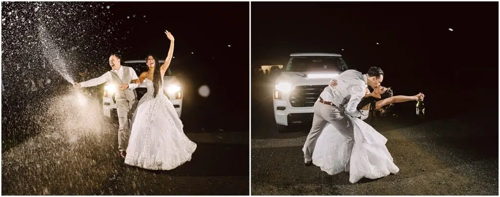 Snohomish Wedding Photographer GSquared Weddings A newlywed couple celebrates at night. On the left, they stand in front of a white truck, joyous as water sprays around them. On the right, the groom dips the bride, both smiling, holding flowers, with the truck in the background. Serving Seattle, Snohomish and Orlando