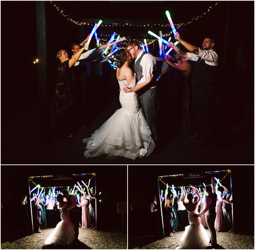Snohomish Wedding Photographer GSquared Weddings A couple kisses under a canopy of string lights as guests hold colorful light sticks overhead. The bride wears a white gown, and the groom is in a vest. Two additional images show the couple from behind, surrounded by cheering guests. Serving Seattle, Snohomish and Orlando