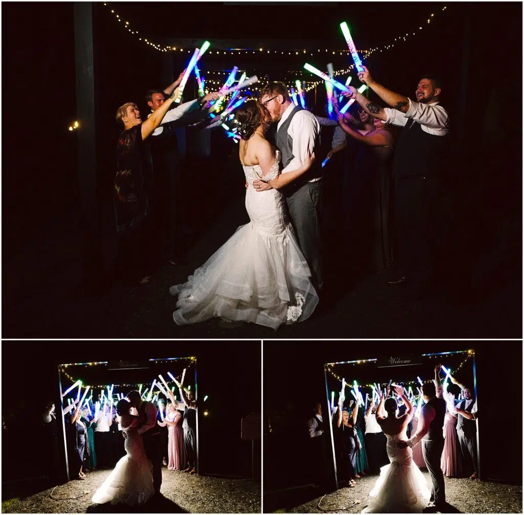 Snohomish Wedding Photographer GSquared Weddings A couple kisses under a canopy of string lights as guests hold colorful light sticks overhead. The bride wears a white gown, and the groom is in a vest. Two additional images show the couple from behind, surrounded by cheering guests. Serving Seattle, Snohomish and Orlando