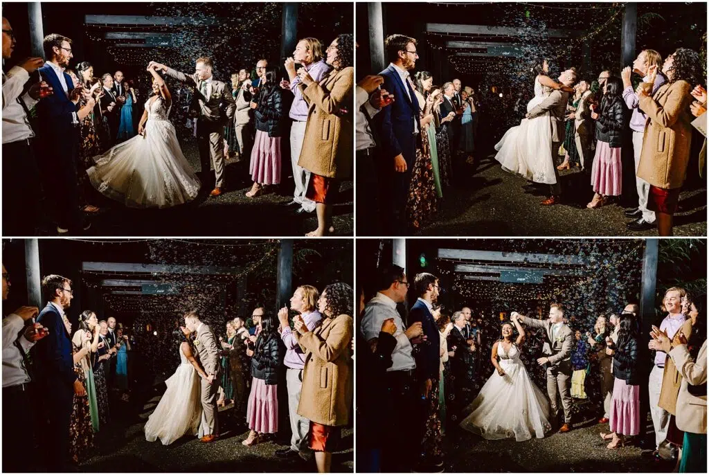 Snohomish Wedding Photographer GSquared Weddings A series of four photos shows a couple in wedding attire celebrating amidst a crowd at night. They kiss and dance as guests cheer and toss confetti. The scene is festive, with people clapping and smiling, illuminated by soft lighting. Serving Seattle, Snohomish and Orlando