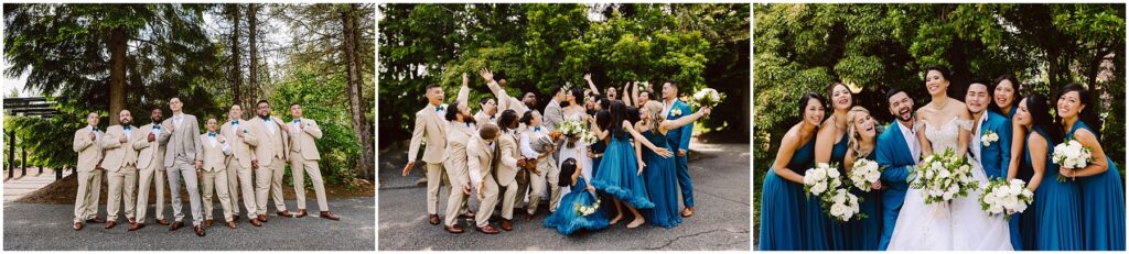 Snohomish Wedding Photographer GSquared Weddings Three images of a wedding party. The first shows groomsmen in beige suits, laughing. The second includes both groomsmen and bridesmaids in blue dresses, celebrating. The third features the bride with the bridal party, all smiling and holding flowers. Serving Seattle, Snohomish and Orlando