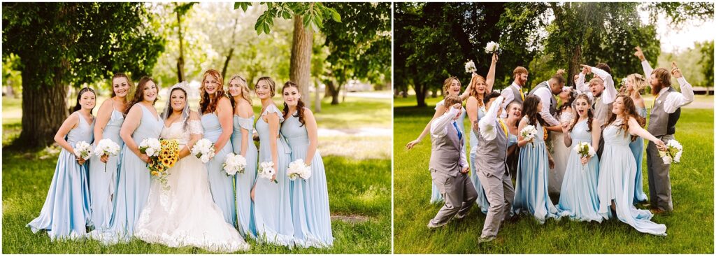 Snohomish Wedding Photographer GSquared Weddings A bride in a white gown stands with her bridesmaids, who wear matching light blue dresses, posing with bouquets. In a separate photo, the bride, bridesmaids, and groomsmen celebrate joyfully in a park. Trees and greenery surround them. Serving Seattle, Snohomish and Orlando