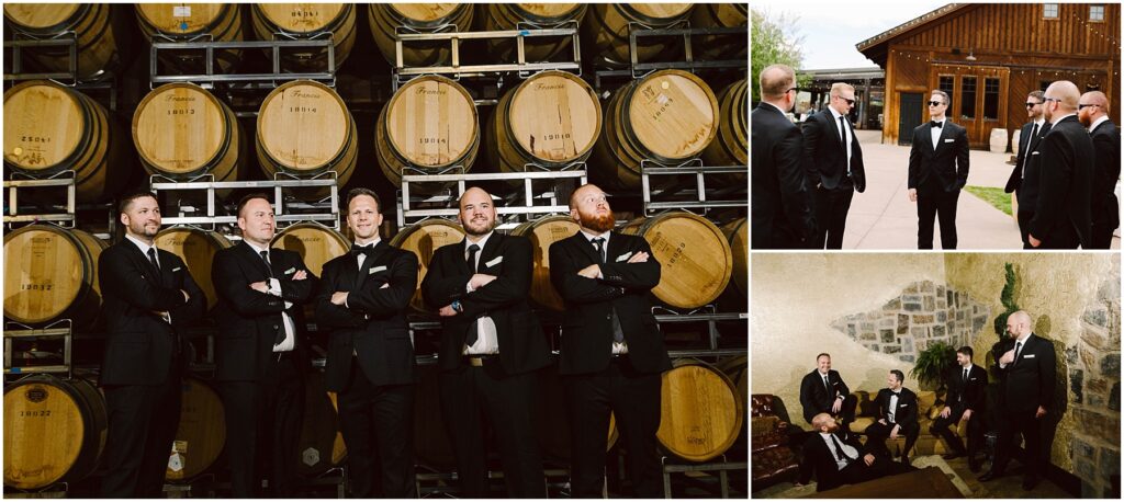 Snohomish Wedding Photographer GSquared Weddings A group of men in black suits and ties pose in front of stacked wooden barrels, with two additional smaller images: one of the men standing outside near a wooden building, and another of them sitting in a stone-walled room. Serving Seattle, Snohomish and Orlando