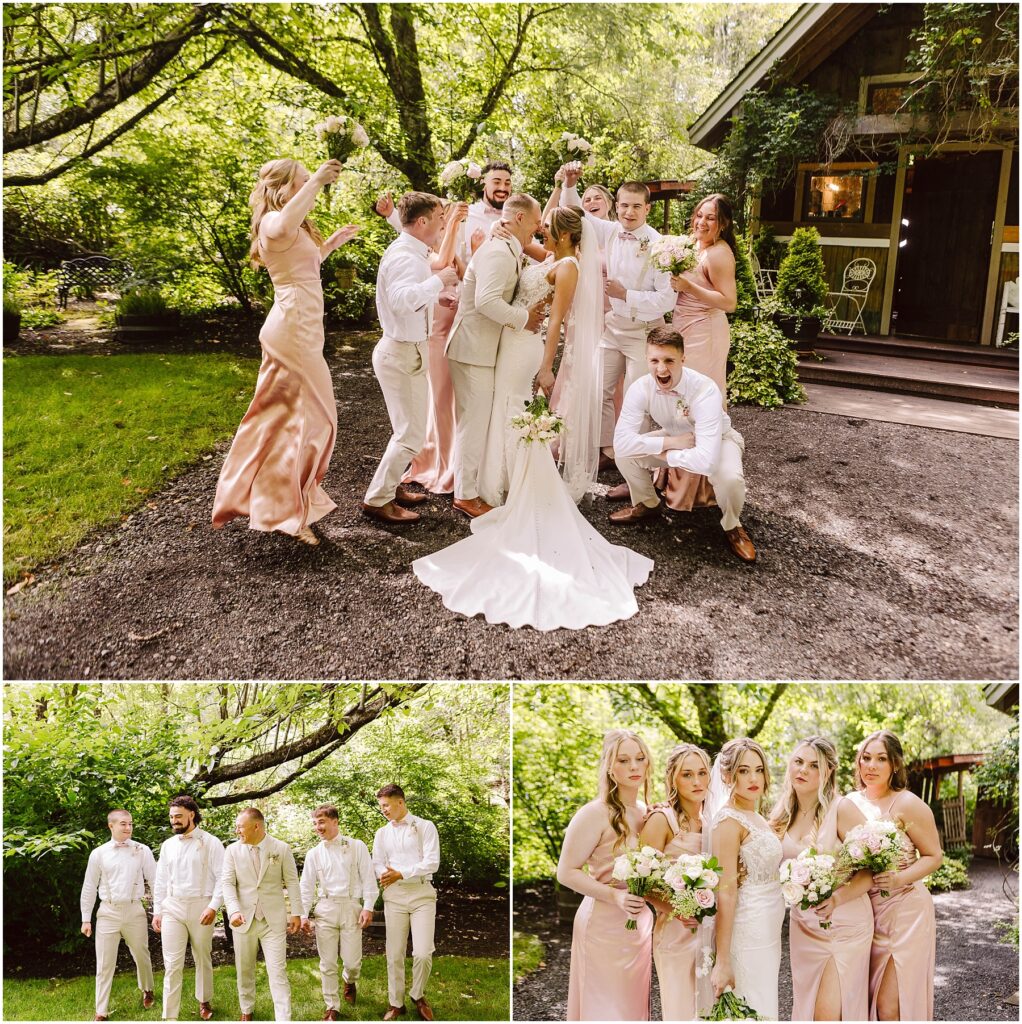 Snohomish Wedding Photographer GSquared Weddings A joyful wedding party celebrates outdoors. The first image shows bridesmaids in peach dresses and groomsmen in light suits cheering around the couple. The second image features groomsmen, and the third features bridesmaids posing together. Serving Seattle, Snohomish and Orlando