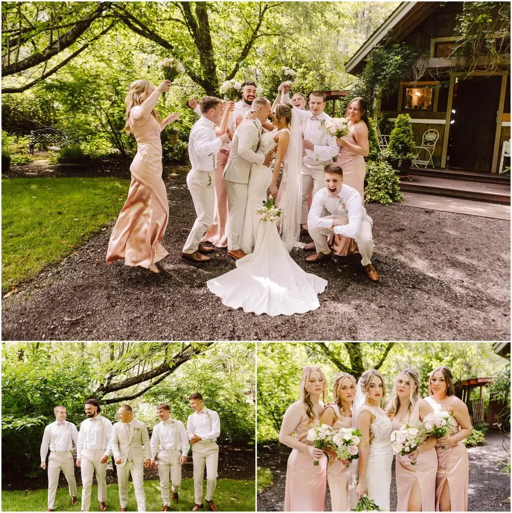 Snohomish Wedding Photographer GSquared Weddings A joyful wedding party celebrates outdoors. The first image shows bridesmaids in peach dresses and groomsmen in light suits cheering around the couple. The second image features groomsmen, and the third features bridesmaids posing together. Serving Seattle, Snohomish and Orlando