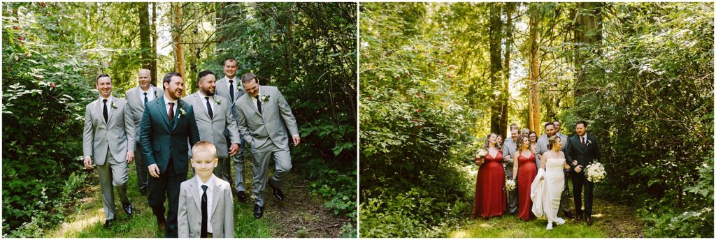 Snohomish Wedding Photographer GSquared Weddings A group of men in suits walk through a green, wooded path. Nearby, another group includes bridesmaids in red dresses and the bride and groom, smiling and holding a bouquet, surrounded by lush greenery. Serving Seattle, Snohomish and Orlando