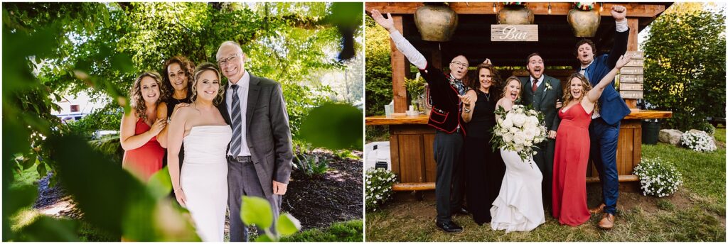 Snohomish Wedding Photographer GSquared Weddings Two wedding photos. Left: A bride in a white dress poses with two women and an older man under a tree. Right: The bride, groom, and four guests, two women in red dresses and two men in suits, cheerfully pose outside in front of a wooden bar. Serving Seattle, Snohomish and Orlando