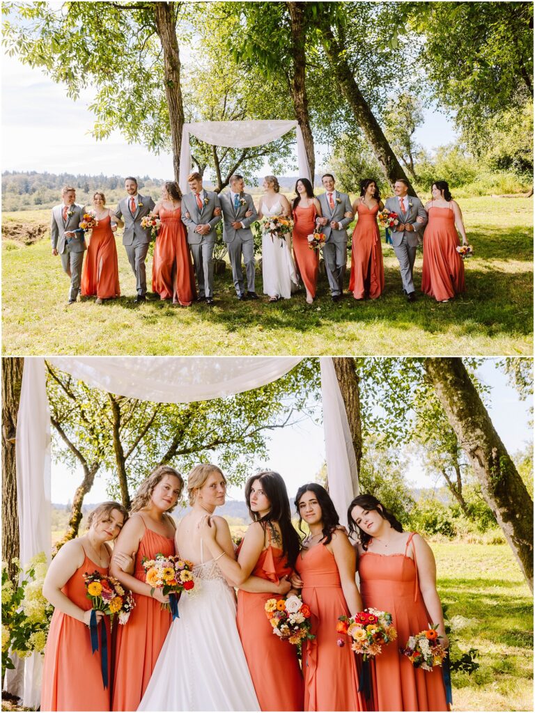Snohomish Wedding Photographer GSquared Weddings Top image: A wedding party poses outdoors under trees, with bridesmaids in coral dresses and groomsmen in gray suits. Bottom image: The bride stands with bridesmaids holding colorful bouquets under a sheer canopy. Sunny day with a green backdrop. Serving Seattle, Snohomish and Orlando