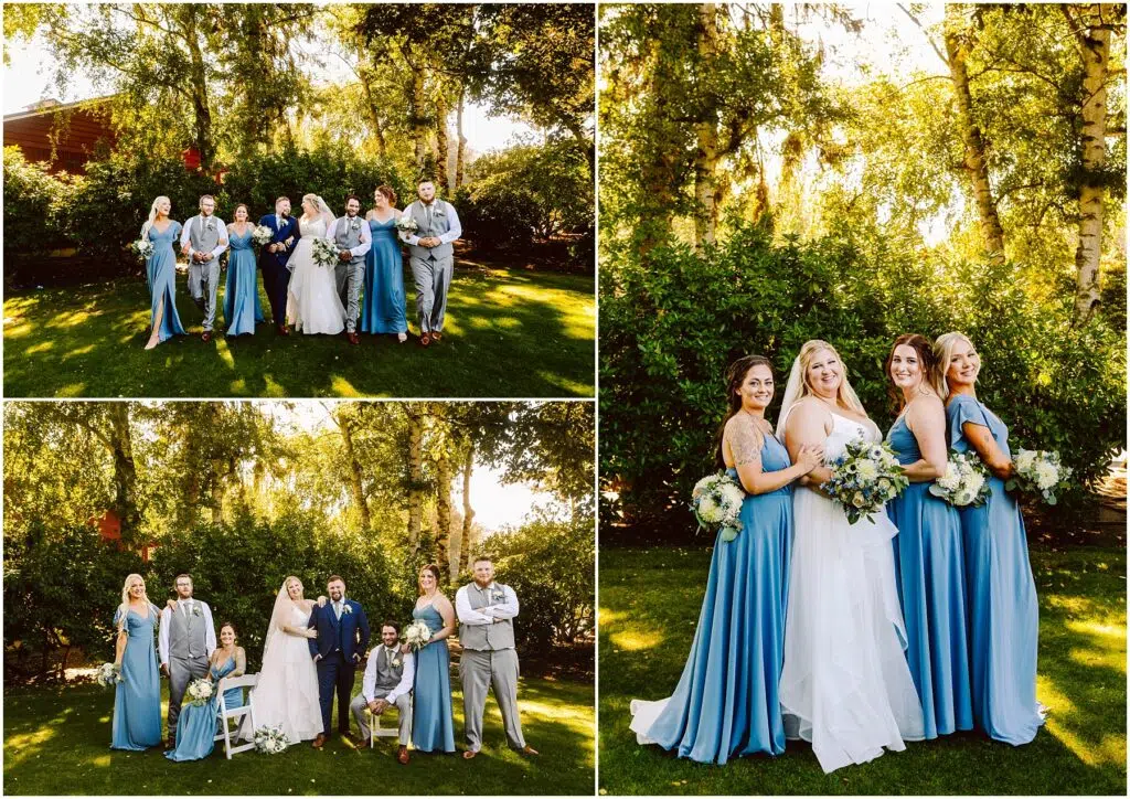 Snohomish Wedding Photographer GSquared Weddings Three images show a wedding party outdoors. Top left: group with brides in the center, bridesmaids in blue dresses, and others in suits. Bottom left: brides seated, surrounded by party. Right: brides posing with bridesmaids holding bouquets. Serving Seattle, Snohomish and Orlando