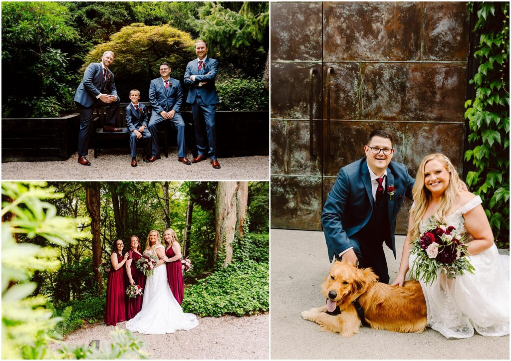 Snohomish Wedding Photographer GSquared Weddings A collage of wedding photos: Top left is three men and a boy in suits. Top right shows a couple with a golden retriever. Bottom left has three bridesmaids and a bride. Bottom right features the couple and the dog, smiling outdoors. Serving Seattle, Snohomish and Orlando