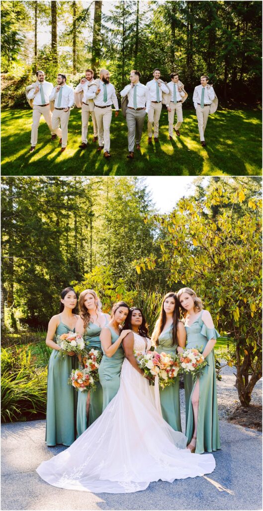 Snohomish Wedding Photographer GSquared Weddings Top image: A group of groomsmen in light suits and suspenders walk playfully on a grassy area. Bottom image: A bride in a white dress stands with bridesmaids in green dresses, all holding bouquets, against a backdrop of trees and bushes. Serving Seattle, Snohomish and Orlando