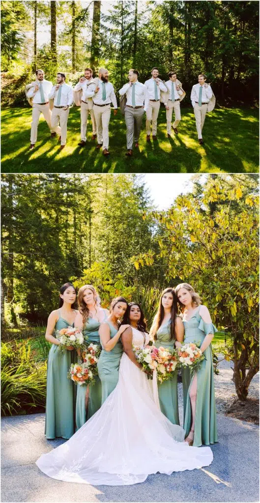 Snohomish Wedding Photographer GSquared Weddings Top image: A group of groomsmen in light suits and suspenders walk playfully on a grassy area. Bottom image: A bride in a white dress stands with bridesmaids in green dresses, all holding bouquets, against a backdrop of trees and bushes. Serving Seattle, Snohomish and Orlando