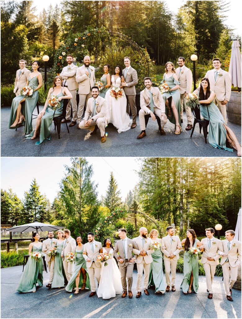 Snohomish Wedding Photographer GSquared Weddings A wedding party poses outdoors in two different group arrangements. The group includes the bride, groom, bridesmaids, and groomsmen dressed in light-colored suits and green dresses, standing in a lush, wooded setting under clear skies. Serving Seattle, Snohomish and Orlando