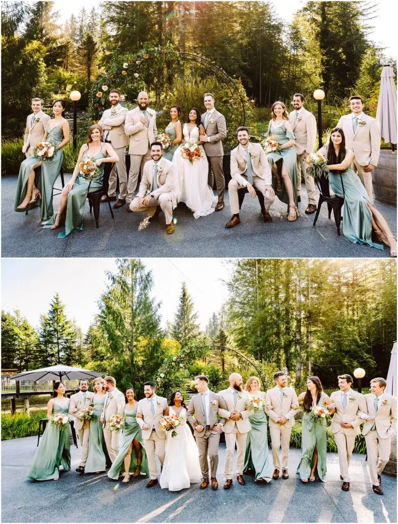 Snohomish Wedding Photographer GSquared Weddings A wedding party poses outdoors in two different group arrangements. The group includes the bride, groom, bridesmaids, and groomsmen dressed in light-colored suits and green dresses, standing in a lush, wooded setting under clear skies. Serving Seattle, Snohomish and Orlando