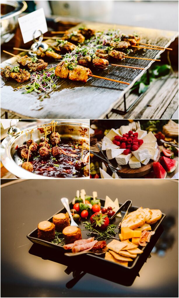 Snohomish Wedding Photographer GSquared Weddings A collage of gourmet food: grilled skewers with herbs on a rack, meatballs in sauce with toothpicks in a steel dish, a platter of assorted cheeses with raspberries, and a black tray with appetizers, including cheese, crackers, and meats. Serving Seattle, Snohomish and Orlando
