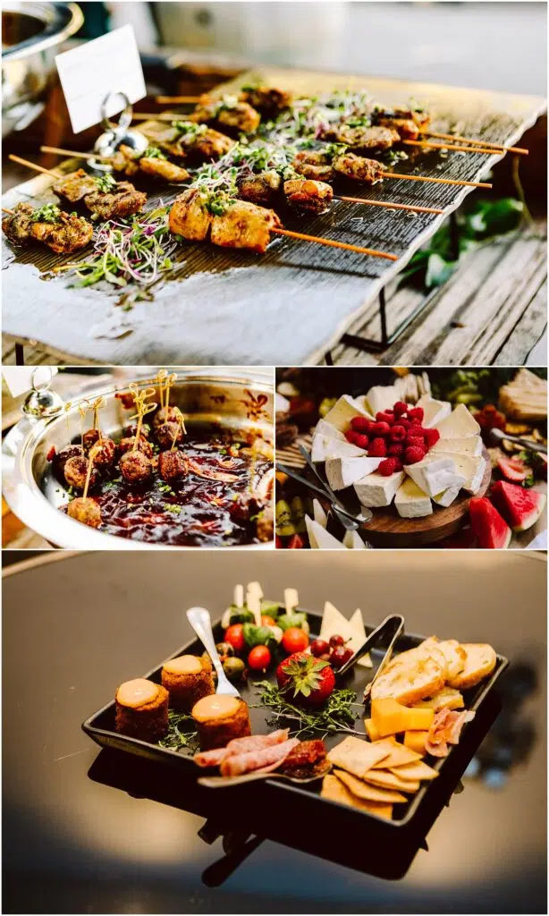 Snohomish Wedding Photographer GSquared Weddings A collage of gourmet food: grilled skewers with herbs on a rack, meatballs in sauce with toothpicks in a steel dish, a platter of assorted cheeses with raspberries, and a black tray with appetizers, including cheese, crackers, and meats. Serving Seattle, Snohomish and Orlando