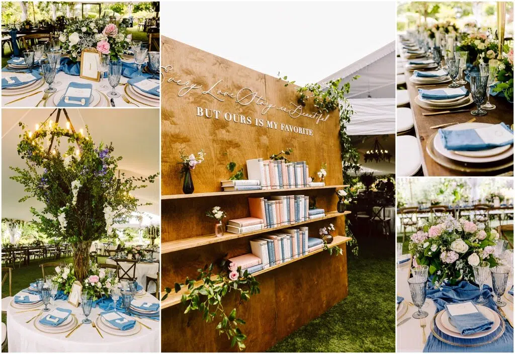 Snohomish Wedding Photographer GSquared Weddings Collage of a wedding reception with elegantly set tables, featuring blue and white decor, glassware, and floral centerpieces. A wooden backdrop with shelves of books displays the quote, Every Love Story is Beautiful, But Ours is My Favorite. Serving Seattle, Snohomish and Orlando