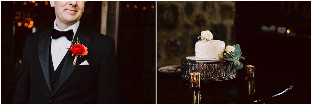 Snohomish Wedding Photographer GSquared Weddings A man in a tuxedo with a red rose boutonniere stands on the left. On the right, a small white cake with flowers on top is placed on a decorative stand surrounded by candles. The setting is dimly lit and elegant. Serving Seattle, Snohomish and Orlando