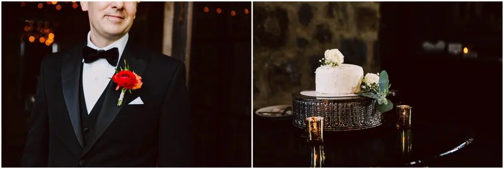 Snohomish Wedding Photographer GSquared Weddings A man in a tuxedo with a red rose boutonniere stands on the left. On the right, a small white cake with flowers on top is placed on a decorative stand surrounded by candles. The setting is dimly lit and elegant. Serving Seattle, Snohomish and Orlando